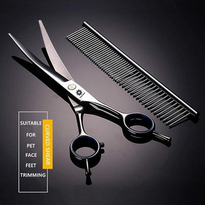 Dream Reach Dog Grooming Scissors - 7'' Professional Pet Cat Hair Scissors Set - Best Cutting & Curved & Thinning Shear Scissors & Grooming Comb Kit for Small Large Dogs Cats Pets
