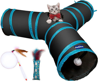 PetLike Cat Tunnel (with Interactive Cat Toy and Catnip Toy) for Indoor Cats Collapsible Pop-up Pet Tube Peek Hole Hideaway Play Toys for Cats with Ball