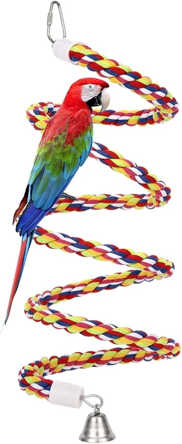 63'' Bird Rope Perches Birdcage Swing Toys 100% Cotton Natural Bird Perch Peck/Chewing with Bell Climbing Standing Bungee Parrot Toys for Small to Regular Size Parrot Cockatiel Birds