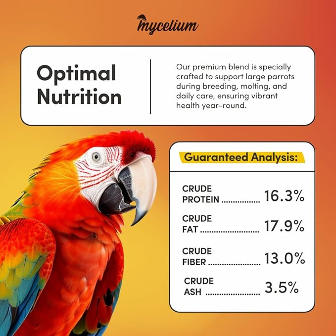 Mycelium Organic Large Parrot Plus Bird Food (5 LBS) | Premium Bird Seed for Macaws, Cockatoos & Parrots | High-Protein, Vitamin-Fortified, Skin & Feather Support | Non-GMO, USA Made, No Fillers
