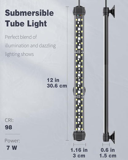 Pawfly 6.5 W Aquarium LED Light 12 Inch 24/7 Fish Tank Light with Full Spectrum IPX8 Waterproof Lights Multi-Colored LEDs with D/N Mode Single Color Effects Timer and Adjustable Brightness