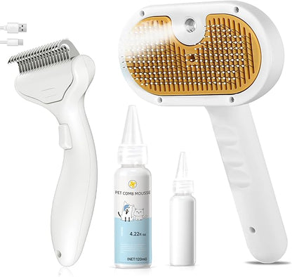 3-in-1 Pet Steam Brush Set for Dogs & Cats, Grooming Comb with Spray, Defur Tool, Water-Assisted Hair Removal, Gentle Cat & Dog Spritz Brush, Multi-Purpose Steam Grooming Kit