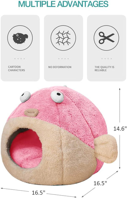 Cat Beds for Indoor Cats - Cat Bed Cave with Removable Washable Cushioned Pillow, Soft Plush Premium Cotton No Deformation Pet Bed, Lively Pufferfish cat House Design, Pink, Multiple Sizes