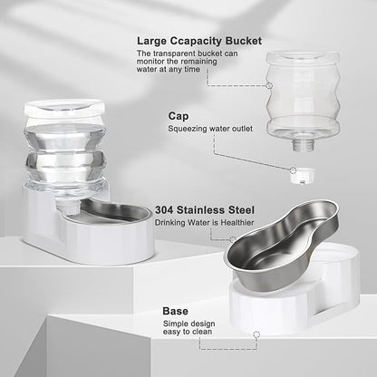RIZZARI Gravity Water Bowl Dispenser for Cats: 4L White Automatic Stainless Steel Dog Feeder Without Filter - for 8-20LB Elderly Pets with Joint Spine Pain - for Kitchen Bedroom