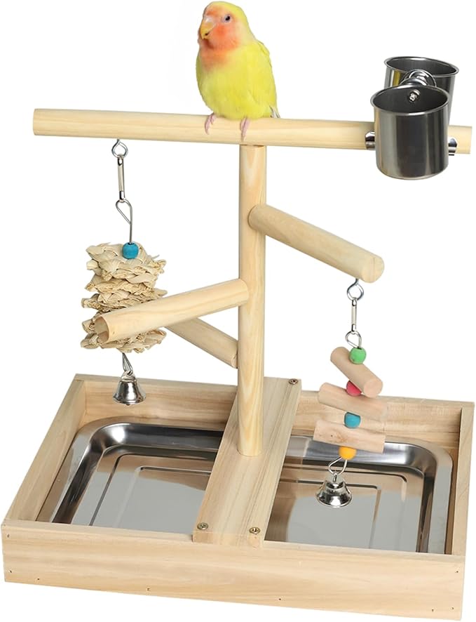 Bird Play Stand with Perch, Two Toys, Two Food Cups, Removable Tray - Suitable for Lovebirds, Cockatiels, Budgies, Parakeets