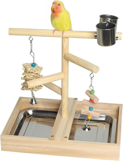 Bird Play Stand with Perch, Two Toys, Two Food Cups, Removable Tray - Suitable for Lovebirds, Cockatiels, Budgies, Parakeets