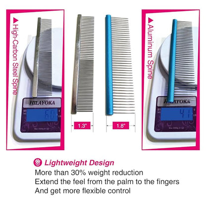 7.5" Greyhound Oval Grooming Comb  Blue Aluminum Spine, Stainless Steel Teeth Comb for Long-Haired Dogs & Cats, Removes Mats, Tangles, and Loose Fur  Lightweight for Long Time Deshedding