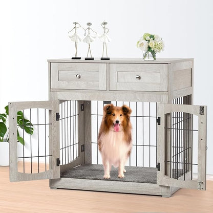 Dog Crate Furniture with 3 Doors,39.4" Large Dog Crate with 2 Drawer & Cushion,Wooden Dog House Kennel for Medium/Large Dog (39.4" L_23.6" W_40" H)