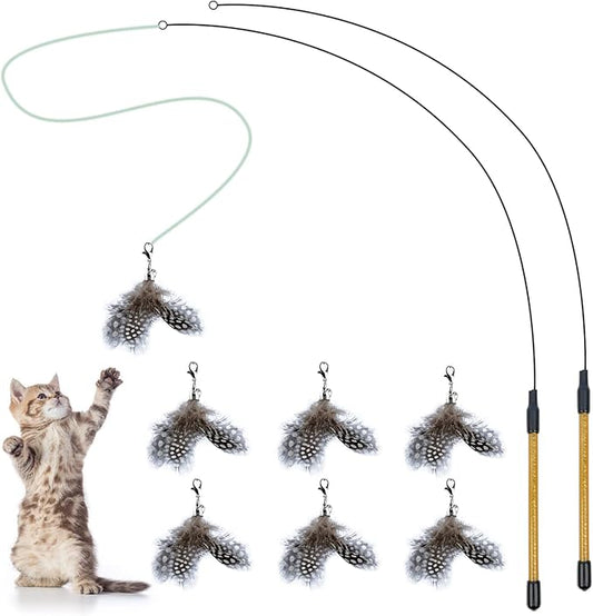 Cat Feather Toys, Interactive Cat Toys Kitten Toys, 2PCS Elasticity Cat Wand Toy and 7PCS Feathers Refills, Cat Toys for Indoor Cats Kitten Play Chase