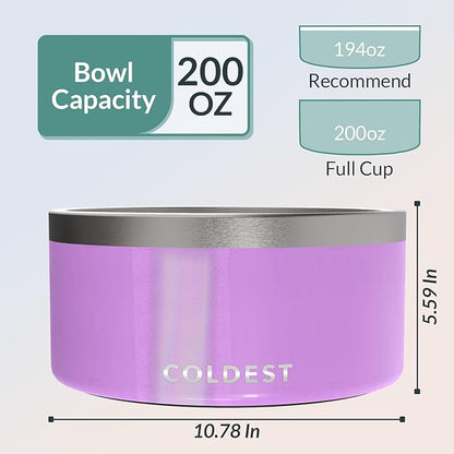 Coldest Dog Bowl - Anti Rust Metal, Non Slip, 3 Layers Insulated Stainless Steel Dog Bowls - Spill Proof & Heavy Duty - Water Bowl for Dogs, Cats, Dish Washer Safe (200 oz, Saturns Purple Glitter)