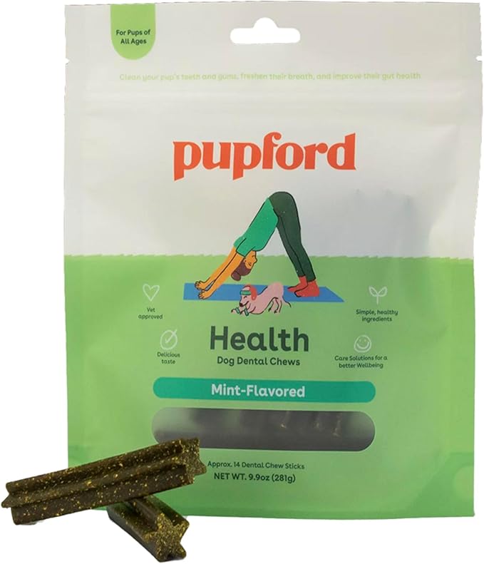 Pupford Dental Chews for Dogs | Freshens Breath, Scrapes Plaque, Safe for Gut | Healthy, Limited Ingredient, All Natural |Yummy & Made in USA | Free Training Resources | 14 Count