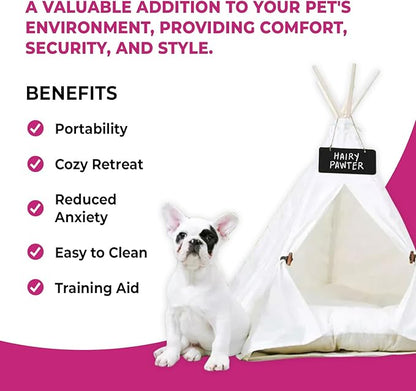 Cat Tent, Portable Dog Tent for Small Pets, Stylish Teepee Design, Cozy Hideaway Reduces Pet Stress, Easy Clean Canvas, Foldable Pet Bed - White, Portable