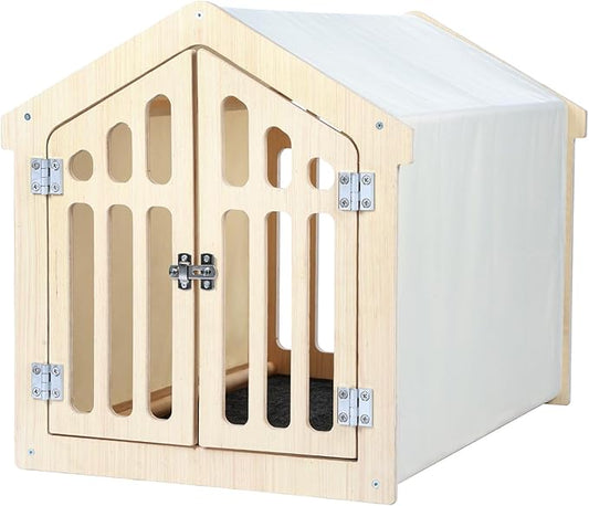 Dog House Indoor for Small Dogs & Medium Dogs 30_x21_x24_, Wooden Board & Oxford Fabric & Felt Mat, Lockable Door, Easy Assembly, Wooden Color