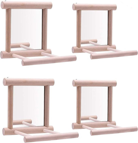 HANZE Bird Mirror With Swing, Hummingbird Perches for Parrots Stand, Wooden Toy for Macaws, Lovebird, Cockatoo, Parakeet, Conure, Finch, Cockatiels - 4 Pack