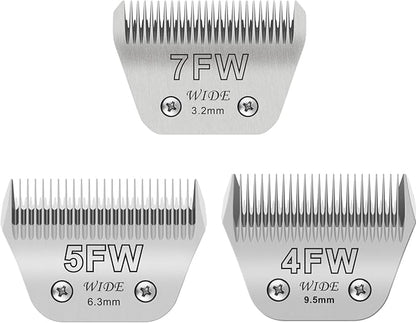 7FW+5FW+4FW Wide Blades for Dog Grooming, Compatible with Ainds, Oster A5, Wahl Km10 and Other Series Clippers, Cut Length 1/8"(3.2mm) to 3/8" (9.5mm), Fit for Larger Animals
