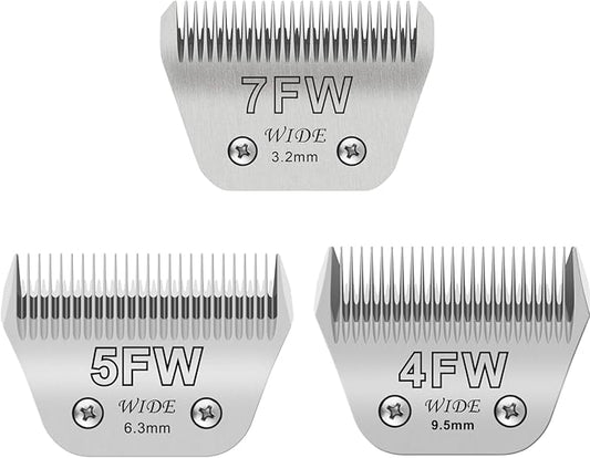 7FW+5FW+4FW Wide Blades for Dog Grooming, Compatible with Ainds, Oster A5, Wahl Km10 and Other Series Clippers, Cut Length 1/8"(3.2mm) to 3/8" (9.5mm), Fit for Larger Animals