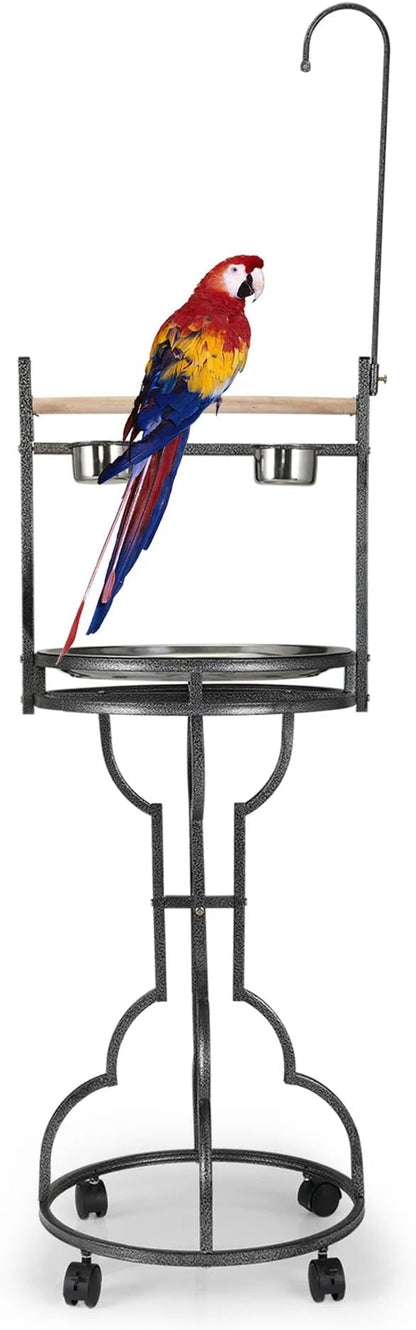 Parrot Stand Bird Perch Stand Bird Playstand with Easy Grip Tray Bowls Toy Hook Rolling Wheel Large Pet Gift Wrought Iron Play Ground Rolling Wheel (Black)