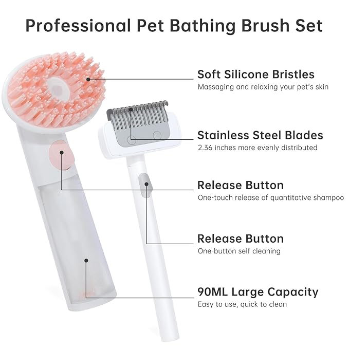 2PC Dog Bath Brush w/Soap Dispenser - Deshedding & Massage for Dogs/Cats (Pink)