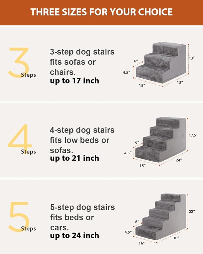 Dog Stairs for Small Dogs,17.5" 4-Step Pet Stairs for High Beds and Couches，Dog Steps with Non-Slip Bottom and High-Density Foam Indoor Outdoor,Grey