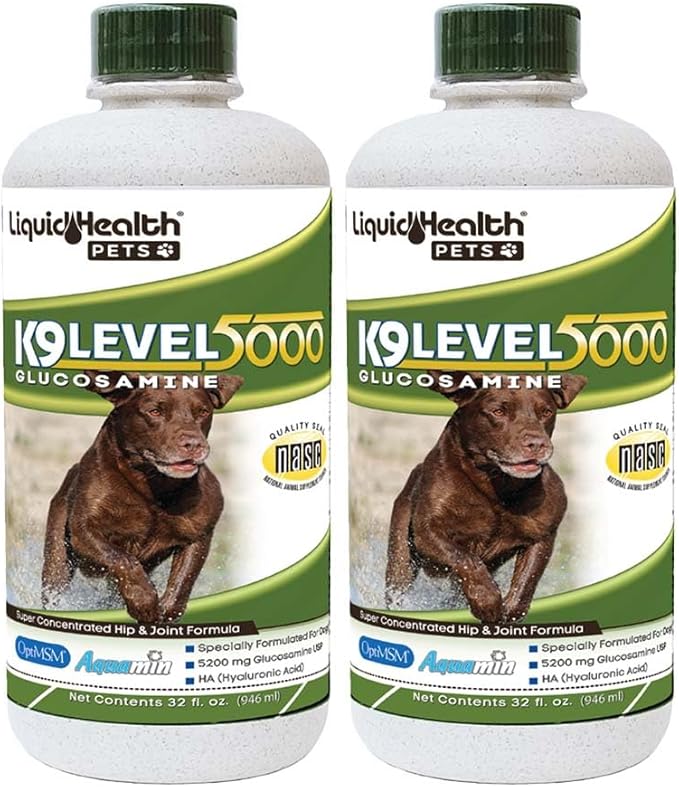 LIQUIDHEALTH Pets K9 Liquid Glucosamine Level 5000 for Large Dogs with Chondroitin, MSM, Boswellia Serrata - Dog Hip & Joint Health Vitamins for Dog Joint Pain, Pet Joint Oil Juice - USA Made (2 Pack)