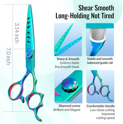 Dog Grooming Scissors: 7" Straight Pet Shears Skeletonized blade Made Of Japanese 440C for Trimming Dogs Cats and Other Pets Green