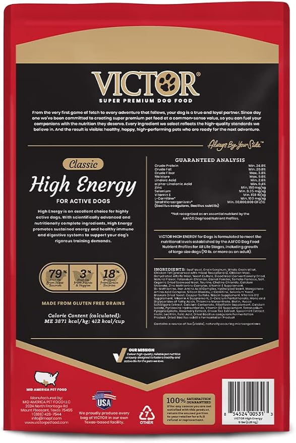 VICTOR Super Premium Dog Food  High Energy Dry Dog Food for Active Dogs  Gluten Free Dog Food with Beef and Chicken Meal Proteins for Sporting Dogs  All Breeds and All Life Stages, 5 lb