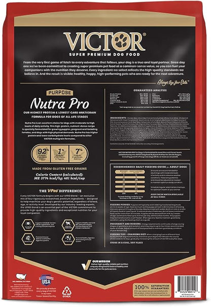 Victor Super Premium Dog Food  Purpose - Nutra Pro  Gluten Free, High Protein Low Carb Dry Dog Food for Active Dogs of All Ages  Ideal for Sporting Dogs, Pregnant or Nursing Dogs & Puppies, 15lbs