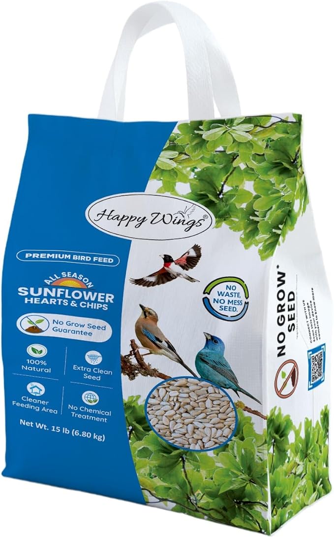 Sunflower Hearts & Chips Bird Food 15 lbs No Mess, No Waste Seed No Grow Formula Ideal for Wild Birds, Finches, Sparrows, and Year-Round Feeding.