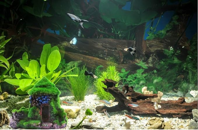 M2cbridge Aquarium Decorations Fish Hideout House Betta Cave with Green Lifelike Moss (Style 1)