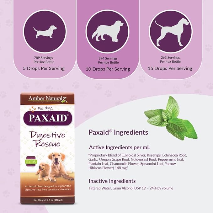 Amber NaturalZ Paxaid Digestive Rescue Herbal Supplement for Dogs and Puppies | Canine Herbal Supplement for Occasional Digestive Upset Support | 4 Fluid Ounce Glass Bottle | Manufactured in The USA