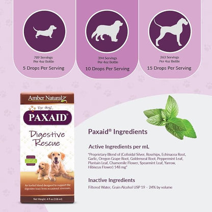 Amber NaturalZ Paxaid Digestive Rescue Herbal Supplement for Dogs and Puppies | Canine Herbal Supplement for Occasional Digestive Upset Support | 4 Fluid Ounce Glass Bottle | Manufactured in The USA