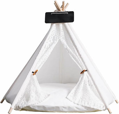 Dog Tent Bed, Portable Pet Teepee for Small Dogs and Cats, Removable & Washable Indoor House With Cozy Cushion, Bunny Outdoor Tent (White Lace, L)