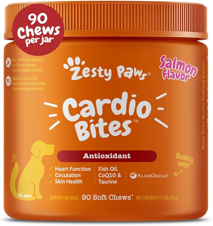 Zesty Paws Cardiovascular Support for Dogs - Taurine for Dogs - with CoQ10, L Carnitine & Sea Buckthorn - Senior Heart Health - AlaskOmega Fish Oil Omega 3 - Senior - Salmon - 90 Count
