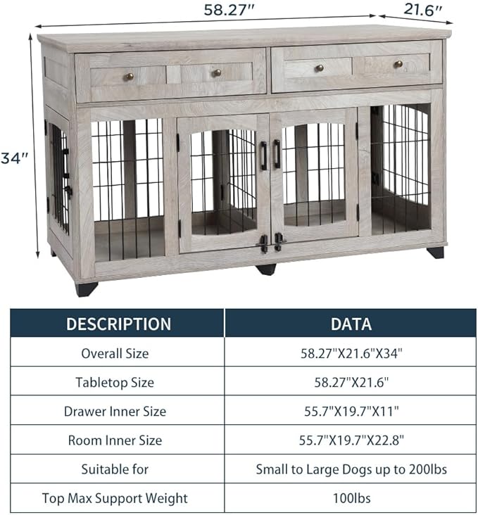 2 Rooms Dog Crate Furniture for Big Breed,58" Wooden Dog Crate Table with 2 Drawers,Indoor Dog Kennel,Dog House,Dog Cage,TV Stand (Grey)