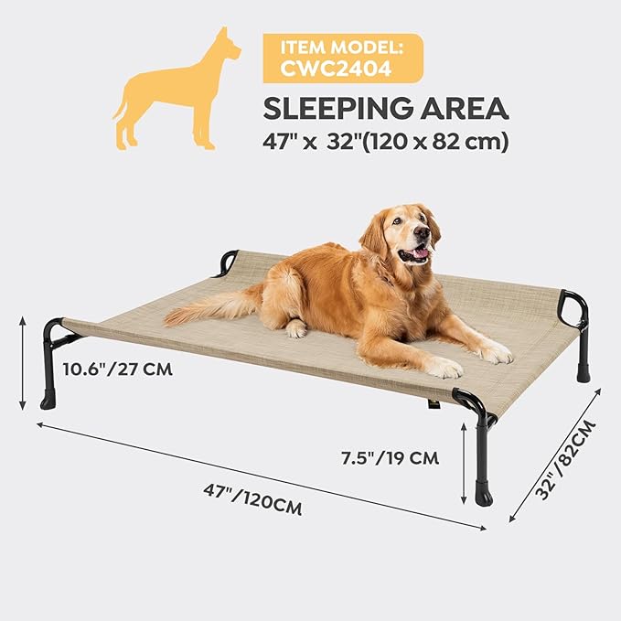 Veehoo Cooling Elevated Dog Bed, Raised Dog Beds for Large Dogs, Outdoor Dog Bed with Guardrail, Upgraded Non-Slip Feet, Breathable Teslin Mesh, Portable Camping Dog Cot, X-Large, Beige Coffee CWC2404