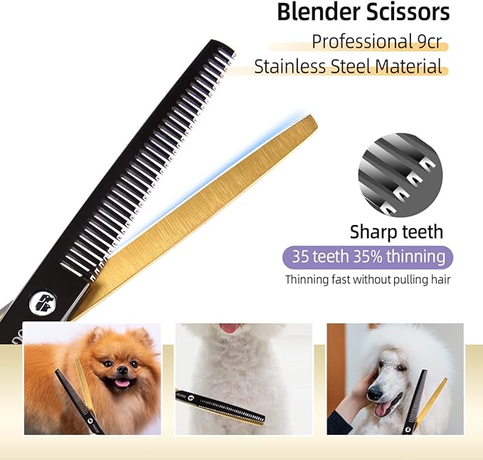 Dog Grooming Scissors Kit for Small Dogs, Black and Gold Two-Color Blender Shears Curved Scissors Straight Scissors 3pcs Set(Black&Gold,Kit)