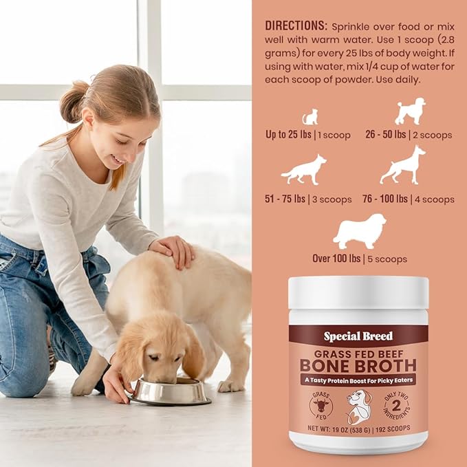 19oz Bone Broth Powder for Dogs and Cats - 192 Scoops - Dog and Cat Food Topper, Grass Fed Beef Broth Supplement