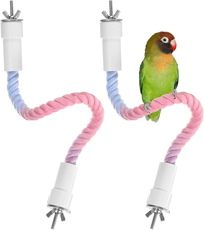 2-Pack Rope Perches for Bird Cages, 13.8 in Length Comfort Grip Flexible Rope Perch Beak & Paw Grinding for Parrots/Cockatiels/Parakeets, Bird Platform Sand [Pink Blue]
