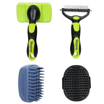 Dog Brush Kit for Grooming Short & Long Haired Dogs & Cats, 4-in-1 Pet Grooming Set with Self-Cleaning Slicker Brush, Deshedding Tool, Shampoo Bath Comb, Massge Comb (Green Black)