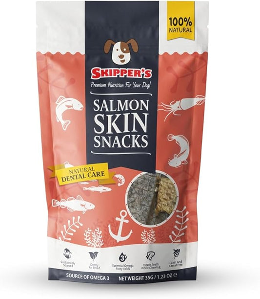 SKIPPER'S Salmon Skin Snacks Dog Treats - Gently Air Dried 100% Salmon Skin Chews Good for Cleaning Teeth, Essential Omega 3 Oils, Hypoallergenic, Wheat & Gluten Free Fish Treats for Dogs | (1.23 Oz)