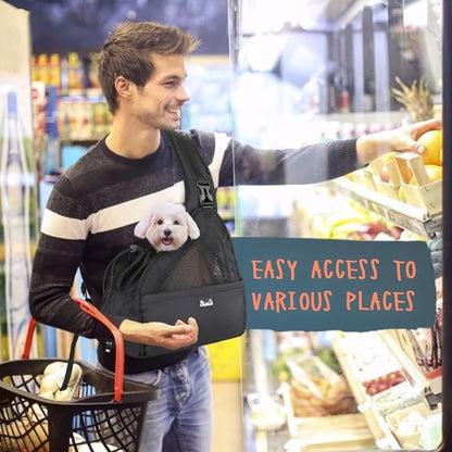 SlowTon Pet Dog Sling Carrier, Hands Free Hard Bottom Papoose Small Animal Puppy Up to 6 lbs Travel Bag Tote Breathable Mesh Support Adjustable Padded Strap Pocket Safety Belt(Widened Black)
