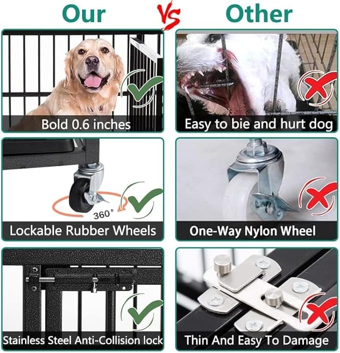 48/38 Inch Heavy Duty Dog Crate Cage Kennel with Wheels, High Anxiety Indestructible, Sturdy Locks Design, Double Door and Removable Tray, Extra Large XL XXL