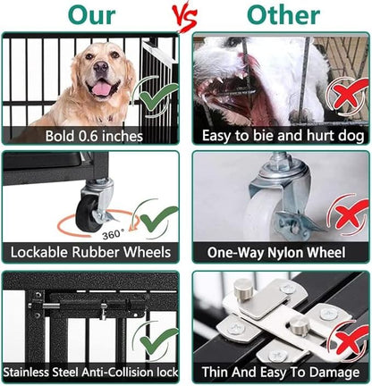 48/38 Inch Heavy Duty Dog Crate Cage Kennel with Wheels, High Anxiety Indestructible, Sturdy Locks Design, Double Door and Removable Tray, Extra Large XL XXL