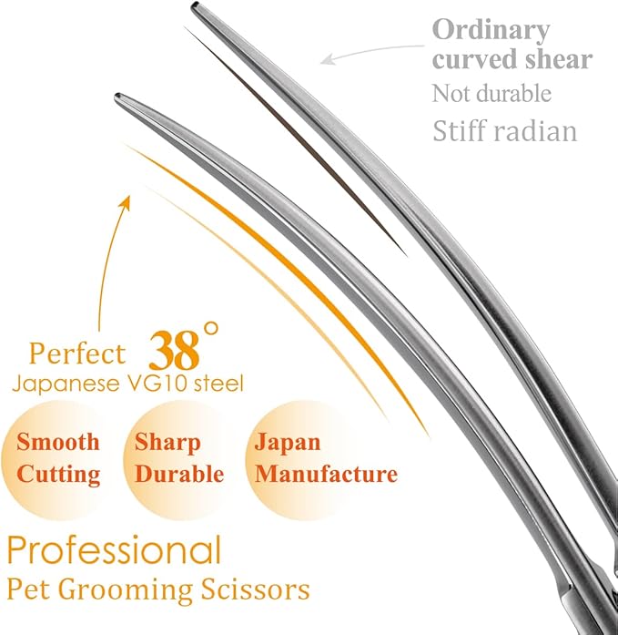 38 Degree Professional Curved Scissors for Dog Grooming 7.5 Japan VG10 Alloy Steel Downward Curved Grooming Shears for Face Right Handed(7.5 inch)