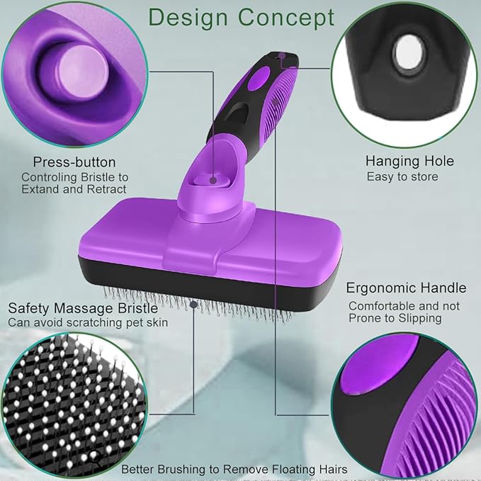 Self Cleaning Slicker Brushes for Pets,Dog Brush for grooming,Massaging Tool Suitable for Dog or Cat,Dog Brush or Cat Brush. (Purple)