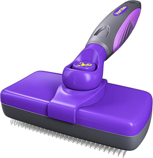 Hertzko Self-Cleaning Slicker Brush - Cat and Dog Brush for Shedding, Tangles and Dirt - Gentle Grooming Tool for Sensitive Skin - Pet Hair Remover for Long and Short Coats - Purple
