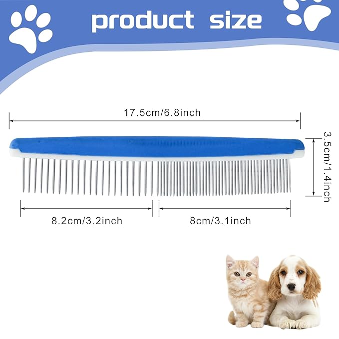 2Pcs Dog Grooming Comb, Durable and Non-Slip Metal Comb for Dogs, Horse, Rabbit, Cat, Metal Pet Comb for Cats with Rounded Tips for Bath, Pet Hair Remover, Removes Tear Stain, Tangles, and