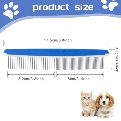 2Pcs Dog Grooming Comb, Durable and Non-Slip Metal Comb for Dogs, Horse, Rabbit, Cat, Metal Pet Comb for Cats with Rounded Tips for Bath, Pet Hair Remover, Removes Tear Stain, Tangles, and