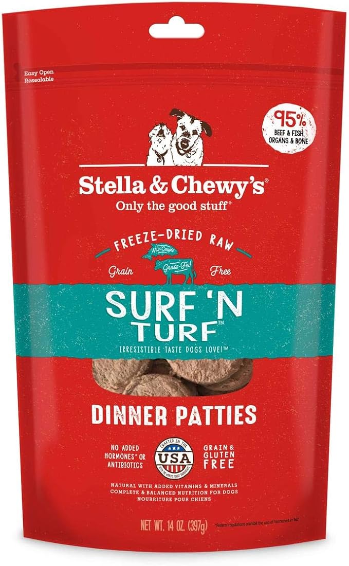 Stella & Chewy's Freeze Dried Raw Dinner Patties  Grain Free Dog Food, Protein Rich Surf _ Turf Salmon & Beef Recipe  14 oz Bag