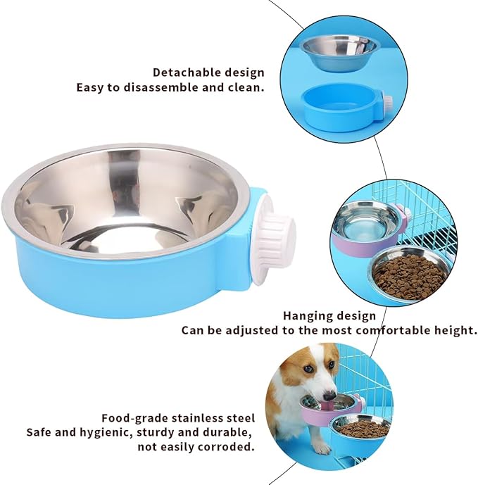 2Pcs Pets Lightweight Stainless Steel Bowl,Removable Stainless Steel Pet Hanging Food Water Feeder Bowl Cage Coop Cup for Puppy Medium Dog Cat Rabbit Ferret Bird Gunea Pigs (Pink, M)